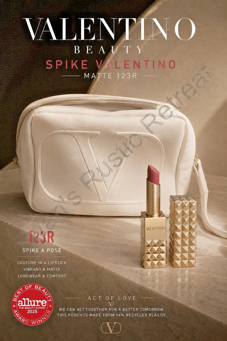 Valentino - Spike Matte Lipstick Shade: 123R & Beige Velvet Makeup Bag Wristlet